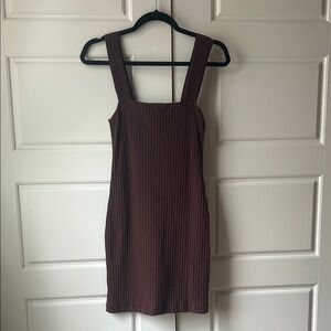 Ribbed Square-Neck Mini Dress in Brown